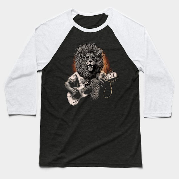 Cool Lion Playing a Guitar Baseball T-Shirt by AI studio